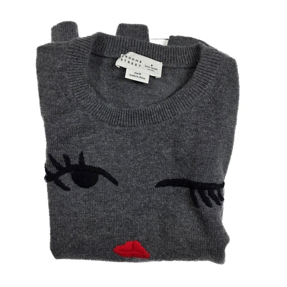Kate Spade Gray Wool Blend Winking Kiss Face Pullover Sweater Women's Size M - Picture 4 of 6